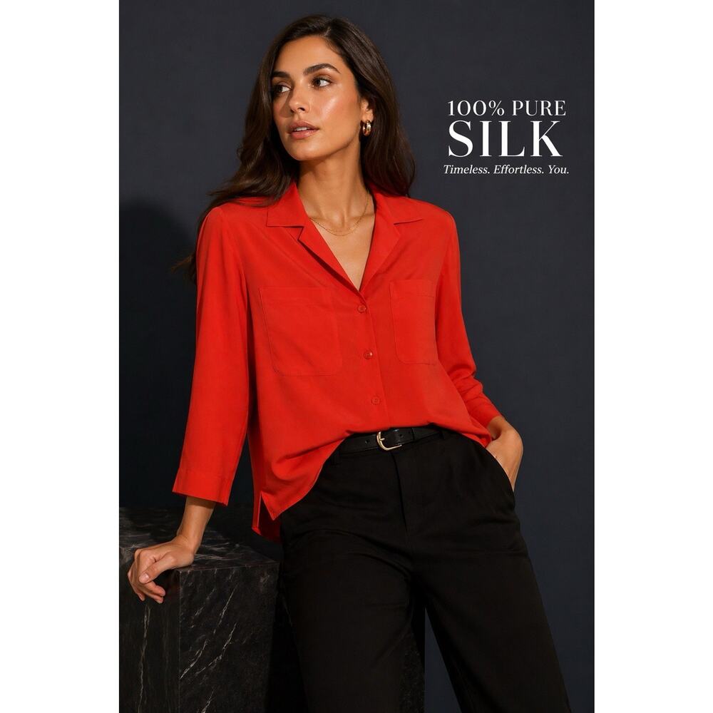 NWT 100% Silk Top Blouse Shirt Orange Button Up Mid Sleeve Loose Fit Designer